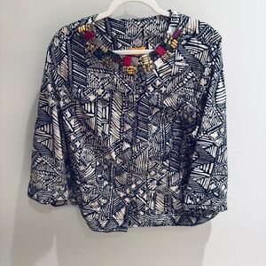 Ruby Rd Woman Beaded Blouse 3/4 Sleeve Snap Front Top‎ Black White 20W